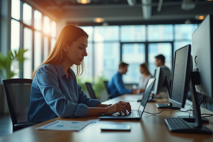 Espace de travail ouvert avec professionnels et femme analysant des données