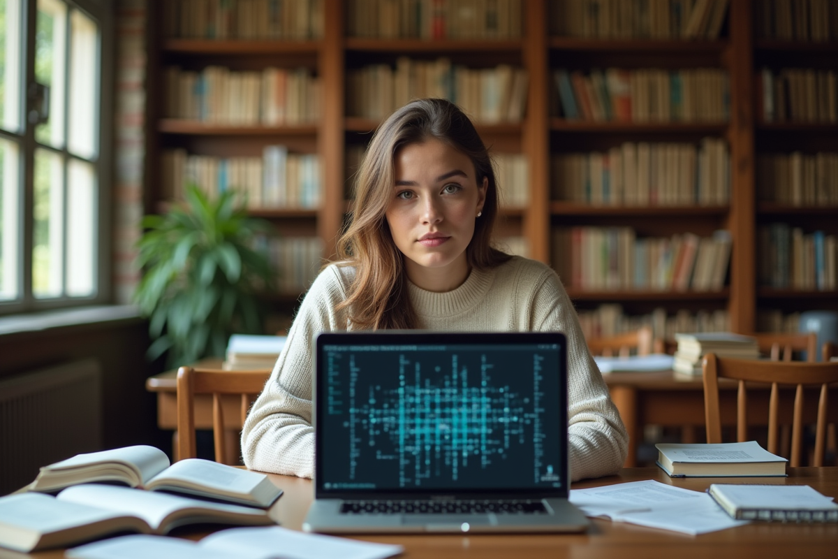 Etudiant étudiant analysant la matrice Boston dans une bibliothèque
