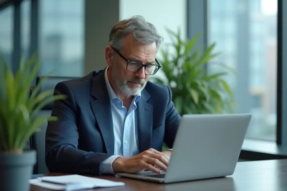 Homme d'affaires en costume bleu lisant un blog professionnel