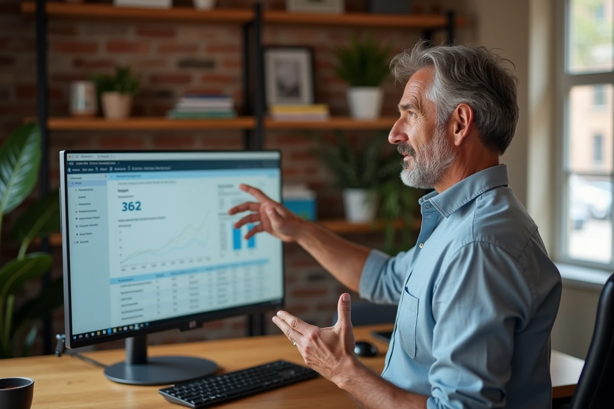 Expert en stratégie B2B présentant un CRM de conversion de leads dans un bureau à domicile professionnel