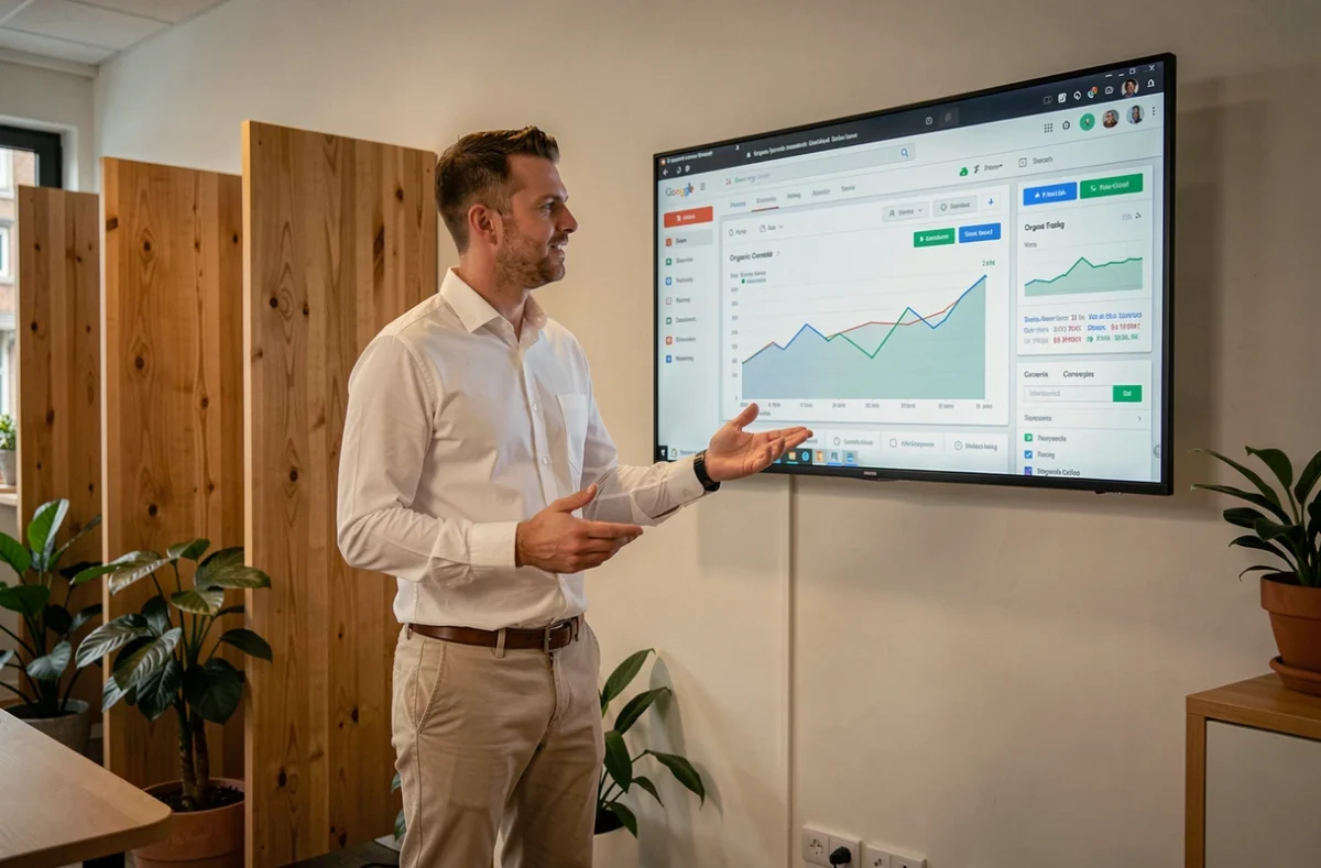 Expert en référencement naturel présentant une stratégie SEO devant un tableau de bord Google Search Console à Rennes