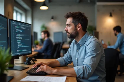 Ingénieur logiciel expert concentré sur son travail technique dans un bureau moderne, illustrant le principe de Peters sur la promotion des experts