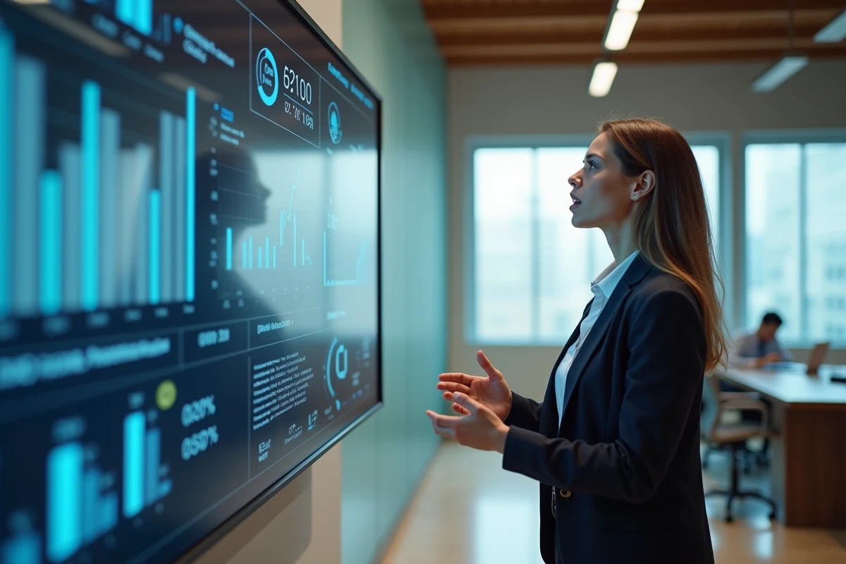 Femme experte expliquant des graphiques en r&eacute;union