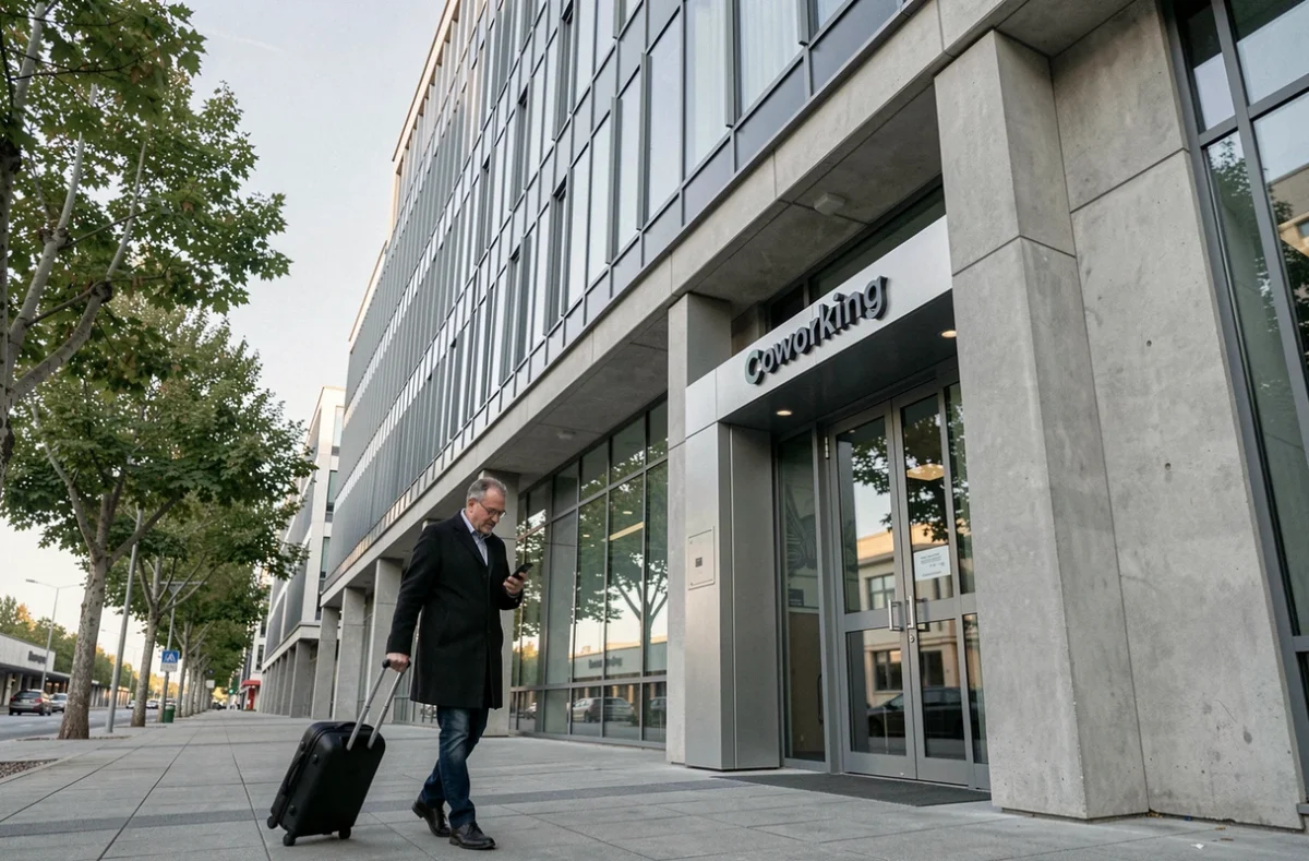 Façade extérieure d'un espace de coworking moderne proche de l'aéroport d'Orly avec un homme d'affaires à valise entrant dans le bâtiment