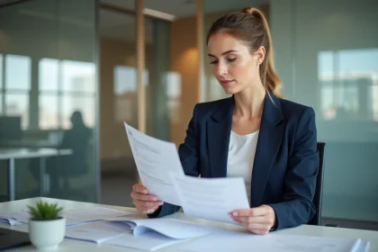 Femme d'affaires confiante en blazer navy dans un bureau moderne