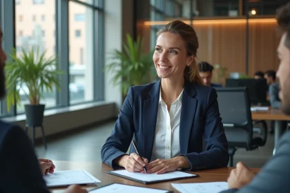 Femme d affaires en r&eacute;union dans un bureau lumineux