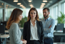 Femme d'affaires hésitante dans un bureau moderne