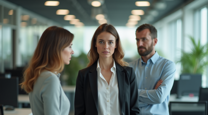 Femme d'affaires hésitante dans un bureau moderne