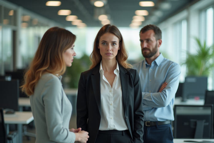 Femme d'affaires hésitante dans un bureau moderne
