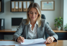 Femme d'affaires examine des documents dans un bureau organisé
