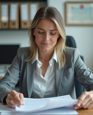 Femme d'affaires examine des documents dans un bureau organisé