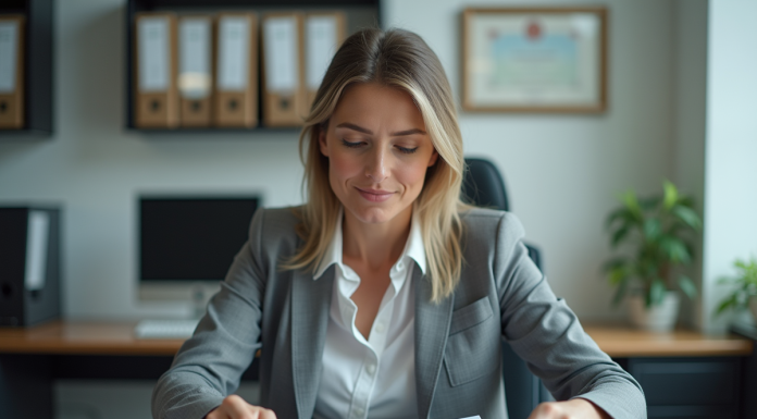 Femme d'affaires examine des documents dans un bureau organisé