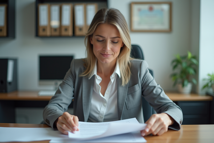 Femme d'affaires examine des documents dans un bureau organisé