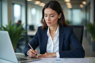 Femme d affaires en réunion avec données et graphique