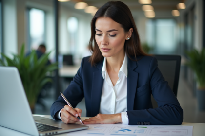 Femme d affaires en réunion avec données et graphique