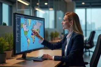 Femme d'affaires analysant des données d'implantation d'entreprise sur un écran avec carte territoriale