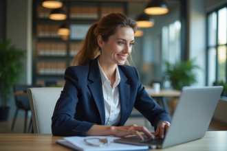 Femme d'affaires confiante travaillant sur son ordinateur