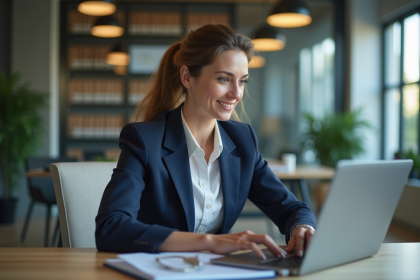 Femme d'affaires confiante travaillant sur son ordinateur