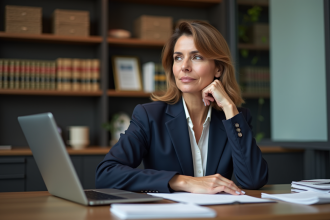 Femme d'affaires en costume navy dans un bureau law