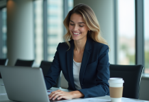 Femme d'affaires en costume bleu regardant un tableau numérique