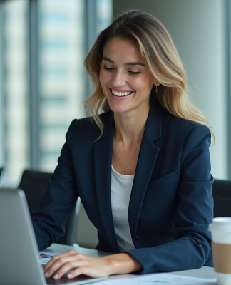 Femme d'affaires en costume bleu regardant un tableau numérique