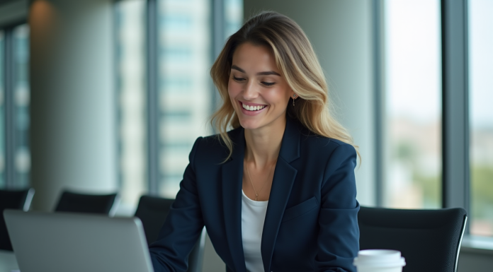 Femme d'affaires en costume bleu regardant un tableau numérique