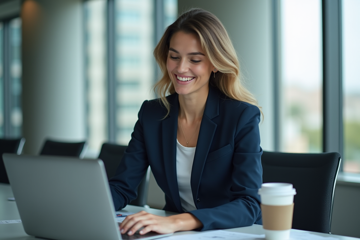 Femme d'affaires en costume bleu regardant un tableau numérique