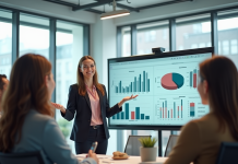 Femme d'affaires confiante présentant des données marketing à une équipe