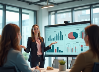 Femme d'affaires confiante présentant des données marketing à une équipe