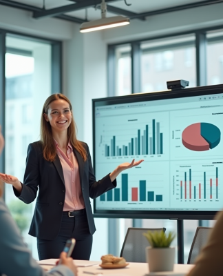 Femme d'affaires confiante présentant des données marketing à une équipe