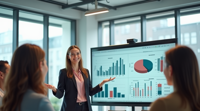 Femme d'affaires confiante présentant des données marketing à une équipe