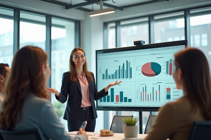 femme-affaires-presentant-donnees Femme d'affaires confiante présentant des données marketing à une équipe