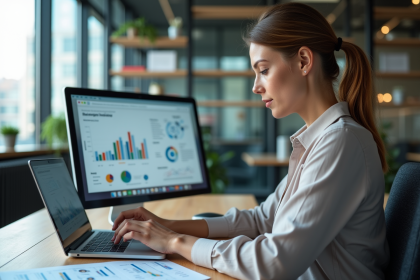 Femme d affaires analysant des graphiques marketing au bureau