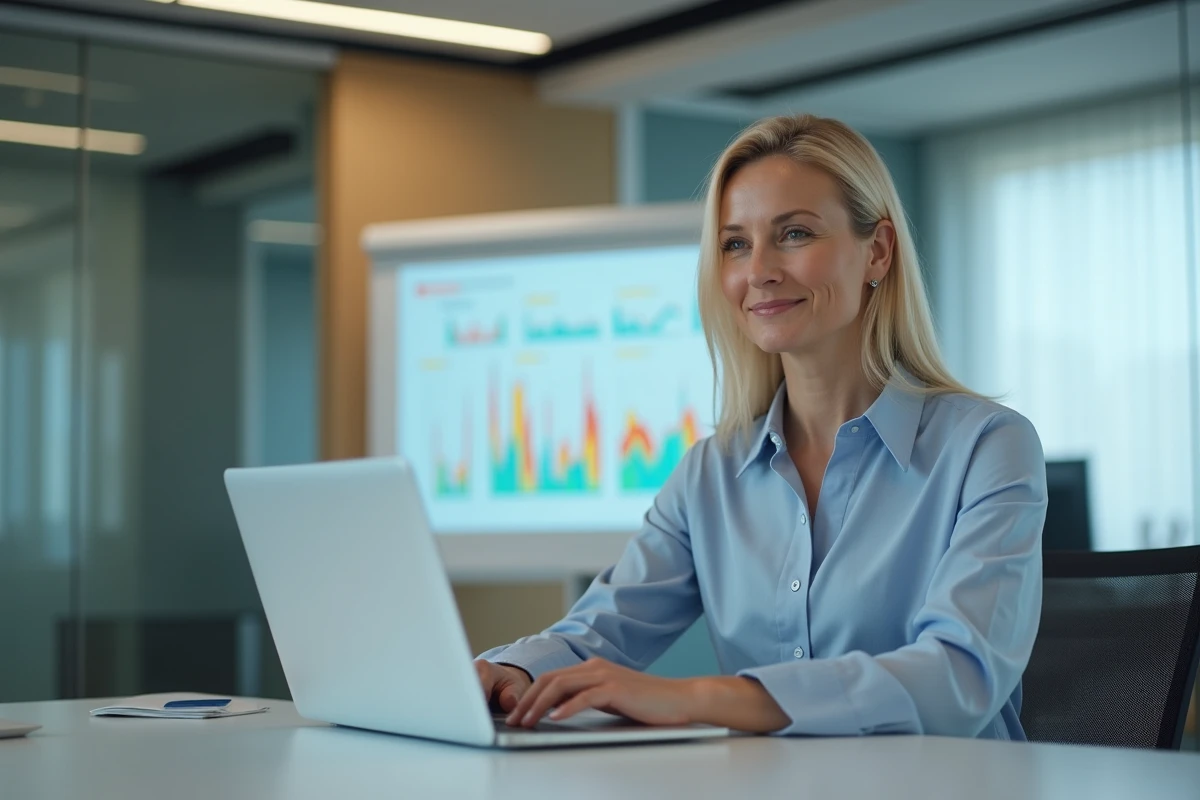 Femme d'affaires analysant des données digitales dans un bureau moderne