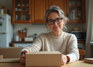Est-il possible de vivre uniquement d’un travail d’emballage à domicile ? Femme en cuisine assemble des cartons avec concentration