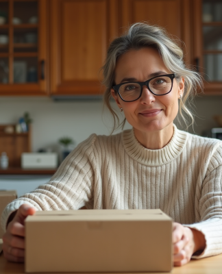 Femme en cuisine assemble des cartons avec concentration