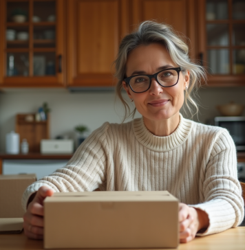 Est-il possible de vivre uniquement d’un travail d’emballage à domicile ? Femme en cuisine assemble des cartons avec concentration