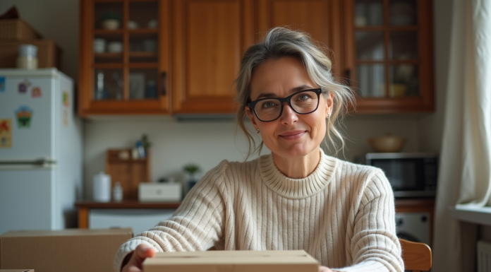 Femme en cuisine assemble des cartons avec concentration