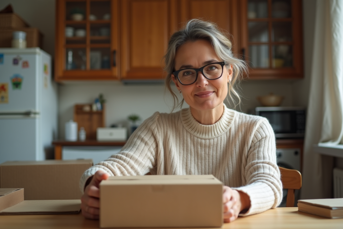 Femme en cuisine assemble des cartons avec concentration