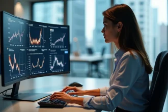 Femme en bureau moderne regardant des flux d'actualites digitales