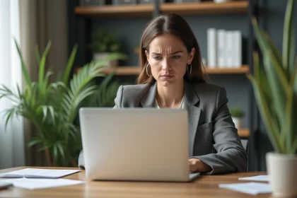 Femme au bureau à domicile frustrée devant son ordinateur