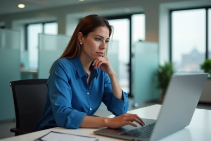 Femme en blouse bleue au bureau regardant son ordinateur