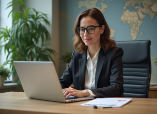 Maîtriser l’heure des mails Outlook : astuces simples et efficaces Femme d'affaires travaillant sur son ordinateur dans un bureau