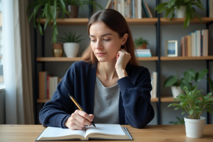 Femme concentrée dans son bureau moderne et organisé