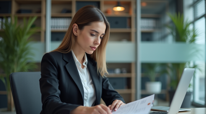 Femme en tenue professionnelle travaillant au bureau