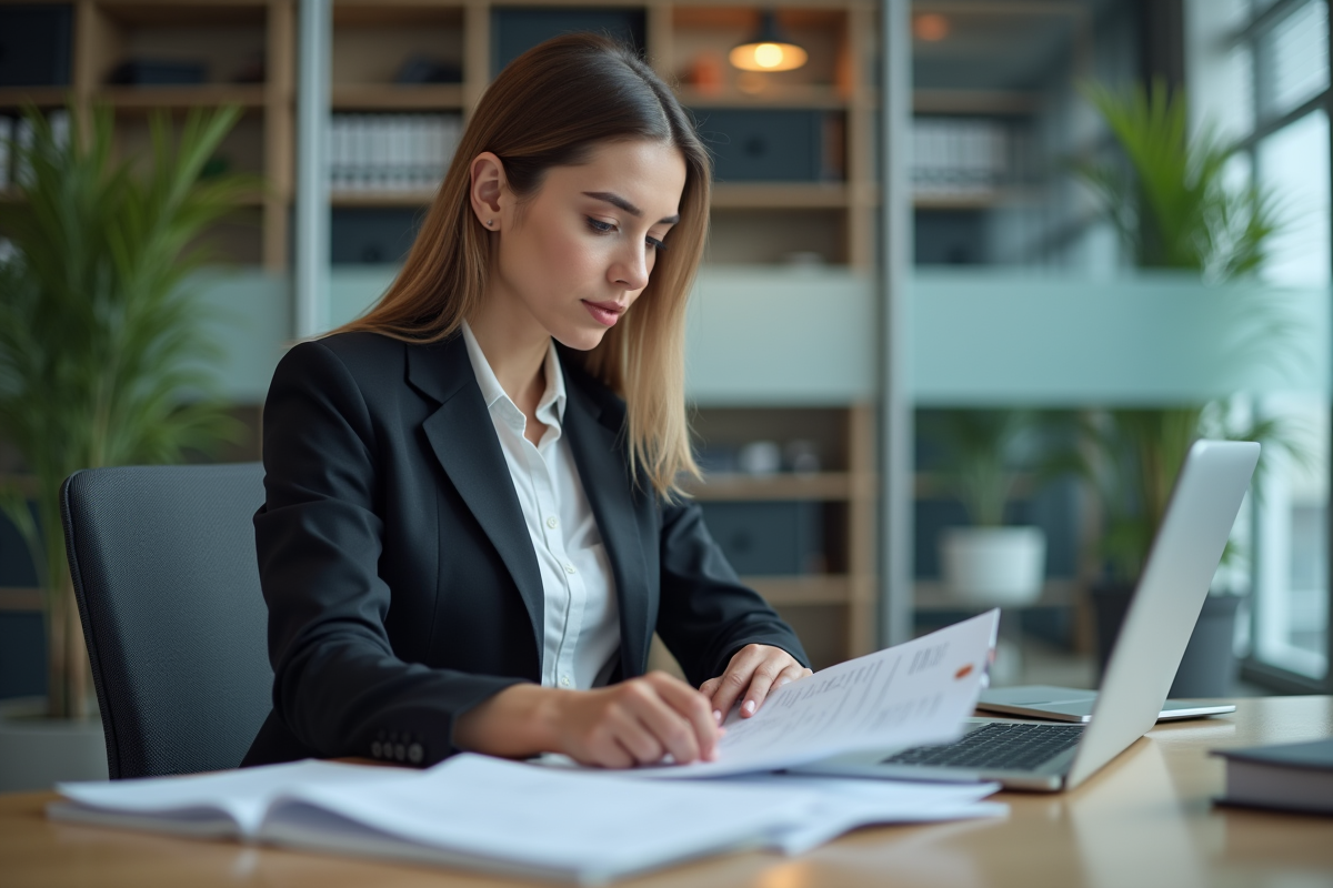 Femme en tenue professionnelle travaillant au bureau