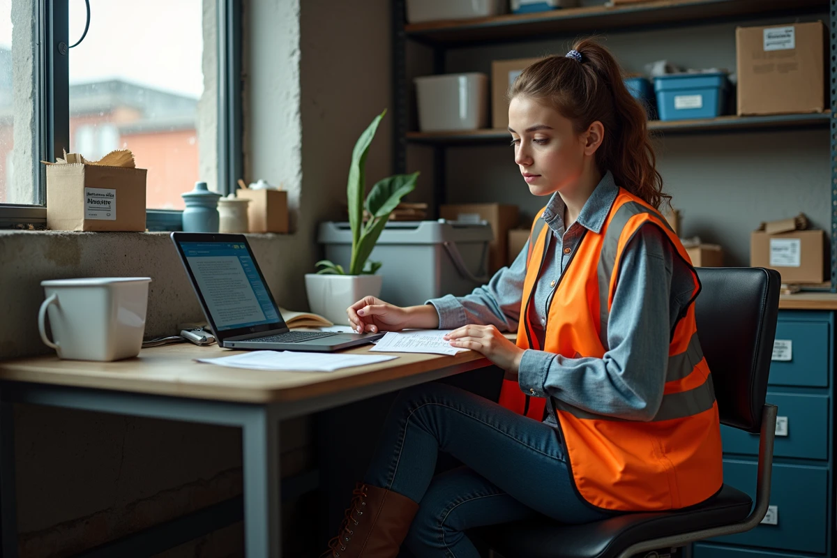 Jeune femme travaillant &agrave; un bureau de recyclage avec ordinateur