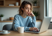 Envoyer un e-mail : quelle est la meilleure heure pour une réponse ? Jeune femme concentrée travaillant sur son ordinateur dans la cuisine
