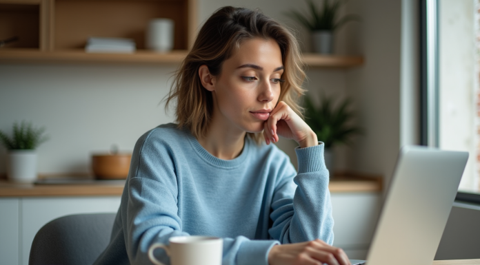 Jeune femme concentrée travaillant sur son ordinateur dans la cuisine