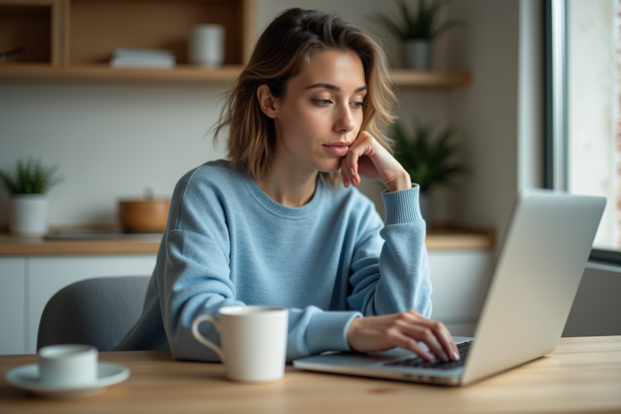 Jeune femme concentrée travaillant sur son ordinateur dans la cuisine